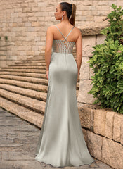 Lace Up Back Sweetheart Embellished Corset Ruched Satin Mermaid Maxi Dress With Slit