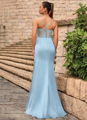 Lace Up Back Sweetheart Embellished Corset Ruched Satin Mermaid Maxi Dress With Slit