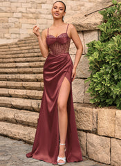 Lace Up Back Sweetheart Embellished Corset Ruched Satin Mermaid Maxi Dress With Slit