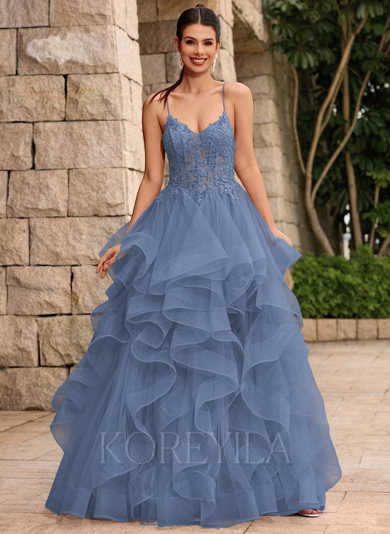 Lace Up Back Corset Ruffled Tiered Tulle Ball-Gown Maxi Dress With Lac KOREYILA Lace Up Back Corset Ruffled Tiered Tulle Ball-Gown Maxi Dress With Lac KOREYILA
