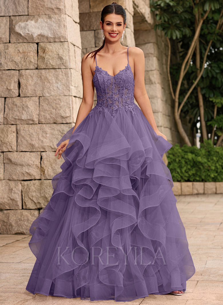 Lace Up Back Corset Ruffled Tiered Tulle Ball-Gown Maxi Dress With Lac –  KOREYILA