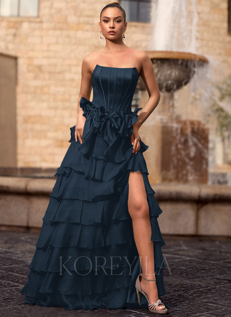 Corset Bow Tiered Ruffled Satin Ball-Gown Maxi Dress With Slit KOREYILA Corset Bow Tiered Ruffled Satin Ball-Gown Maxi Dress With Slit KOREYILA