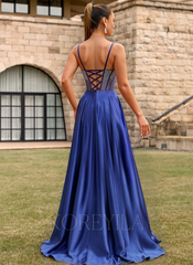 A-line Sweetheart Sweep Train Silky Satin Prom Dresses With Rhinestone