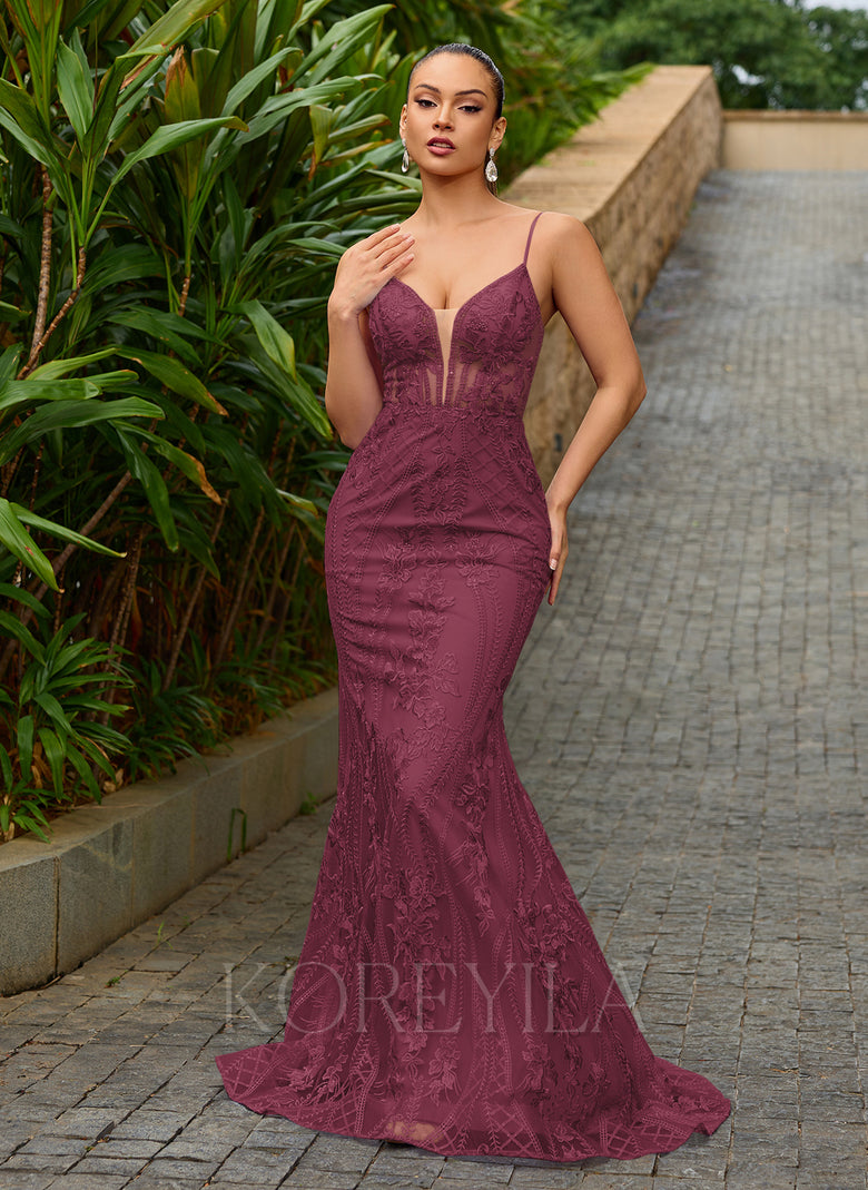 Lace Up Back Floral Lace Corset V-Neck Mermaid Maxi Dress With Sequins KOREYILA Lace Up Back Floral Lace Corset V-Neck Mermaid Maxi Dress With Sequins KOREYILA