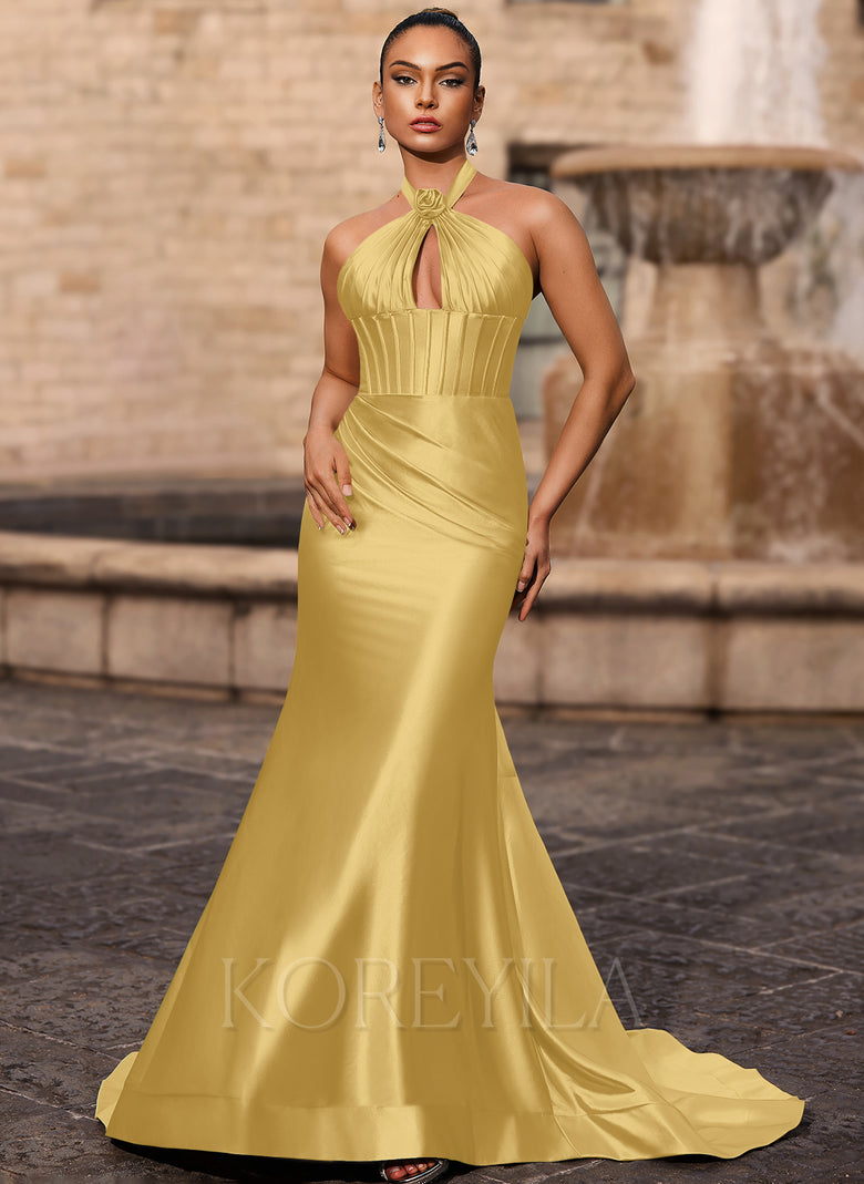 Rosette Open Back Halter Corset Ruched Mermaid Maxi Dress With Cutout KOREYILA Rosette Open Back Halter Corset Ruched Mermaid Maxi Dress With Cutout KOREYILA