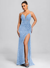 Trumpet/Mermaid V-Neck Sweep Train Sequin Maxi Dresses With Sequins Appliques Lace