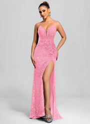 Trumpet/Mermaid V-Neck Sweep Train Sequin Maxi Dresses With Sequins Appliques Lace