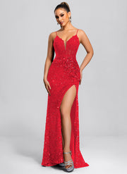 Trumpet/Mermaid V-Neck Sweep Train Sequin Maxi Dresses With Sequins Appliques Lace