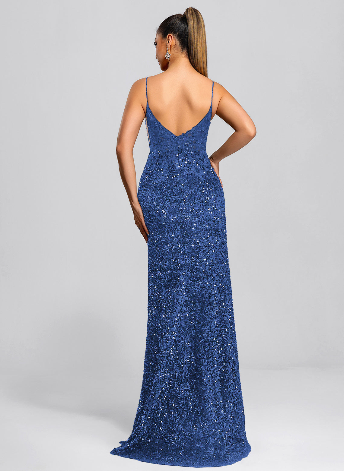 Trumpet/Mermaid V-Neck Sweep Train Sequin Maxi Dresses With Sequins Appliques Lace