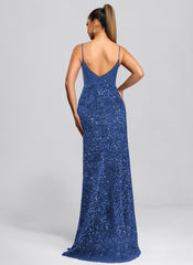 Trumpet/Mermaid V-Neck Sweep Train Sequin Maxi Dresses With Sequins Appliques Lace