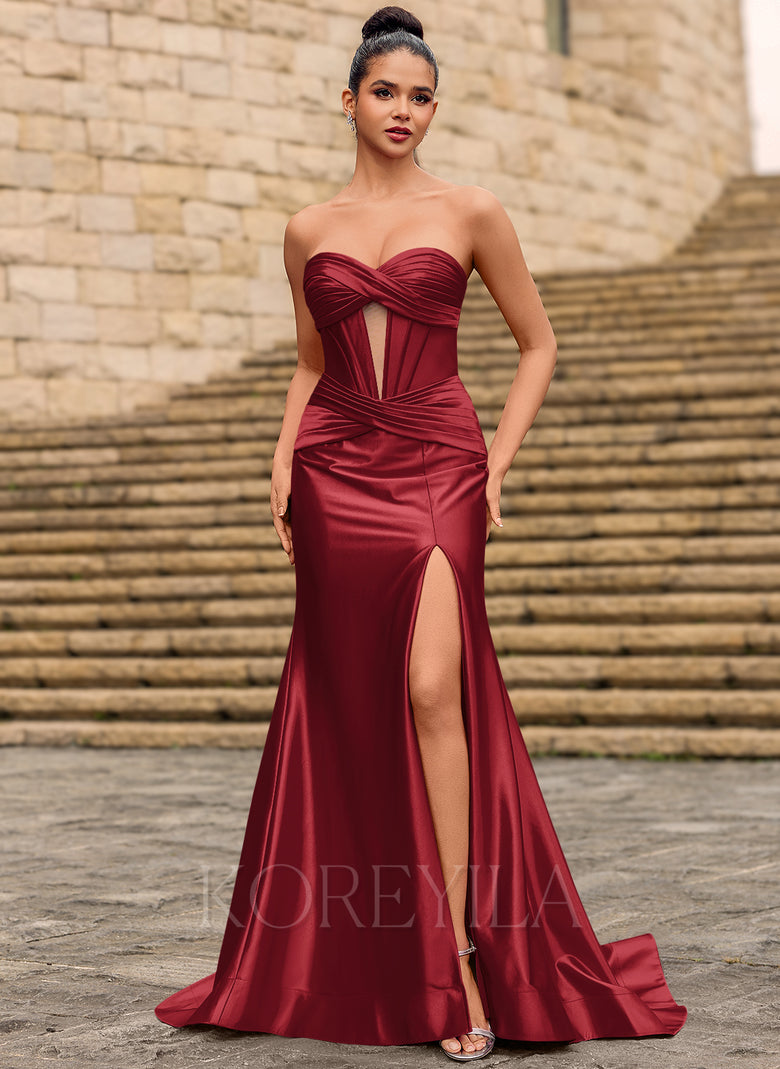 Sweetheart Ruched Corset Mermaid Maxi Dress With Cutout Slit KOREYILA Sweetheart Ruched Corset Mermaid Maxi Dress With Cutout Slit KOREYILA