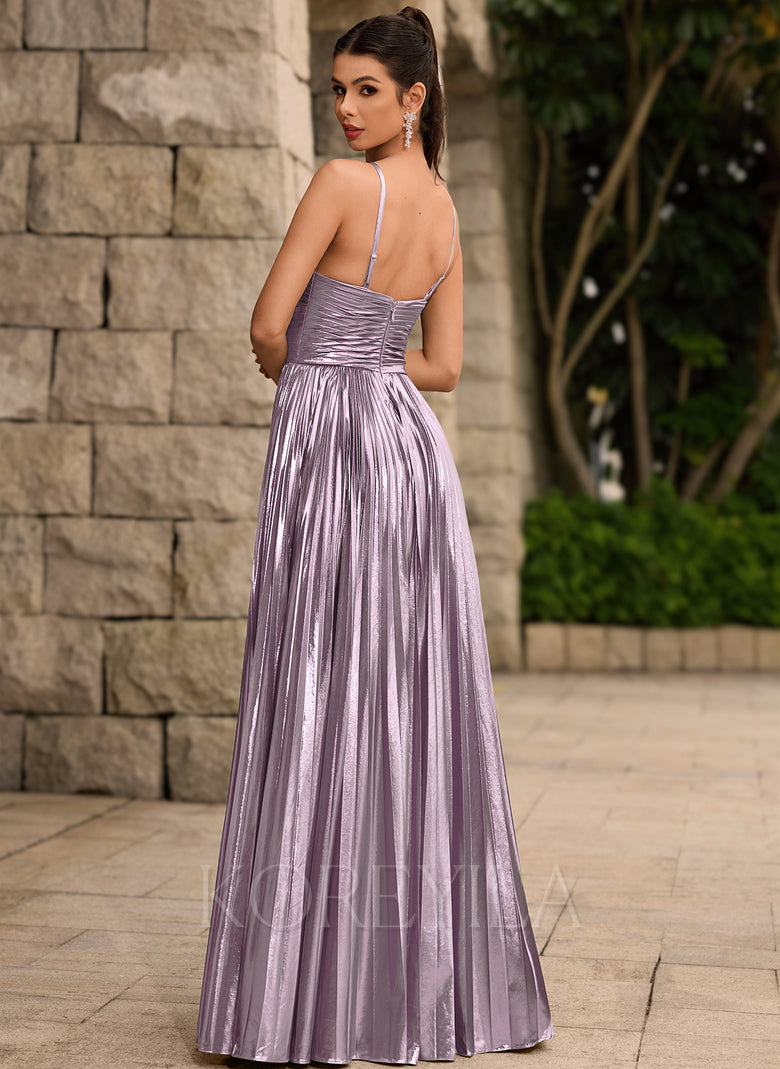 Metallic Pleated A-line Maxi Dress With Cutout Slit KOREYILA Metallic Pleated A-line Maxi Dress With Cutout Slit KOREYILA