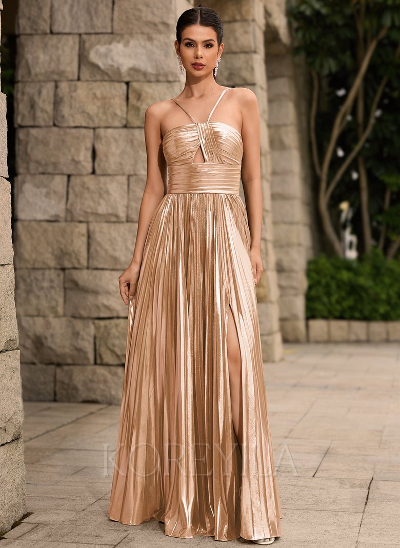 Metallic Pleated A-line Maxi Dress With Cutout Slit – KOREYILA