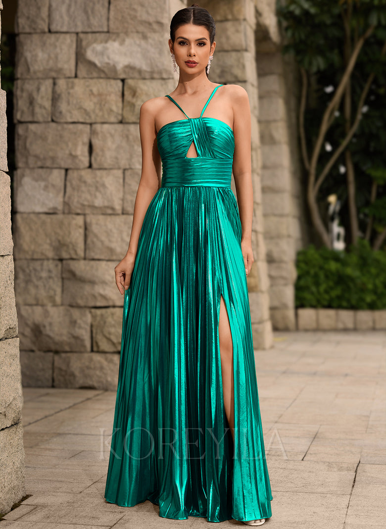 Metallic Pleated A-line Maxi Dress With Cutout Slit KOREYILA Metallic Pleated A-line Maxi Dress With Cutout Slit KOREYILA