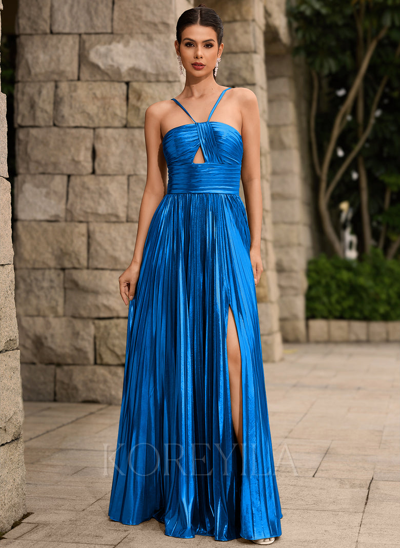 Metallic Pleated A-line Maxi Dress With Cutout Slit KOREYILA Metallic Pleated A-line Maxi Dress With Cutout Slit KOREYILA