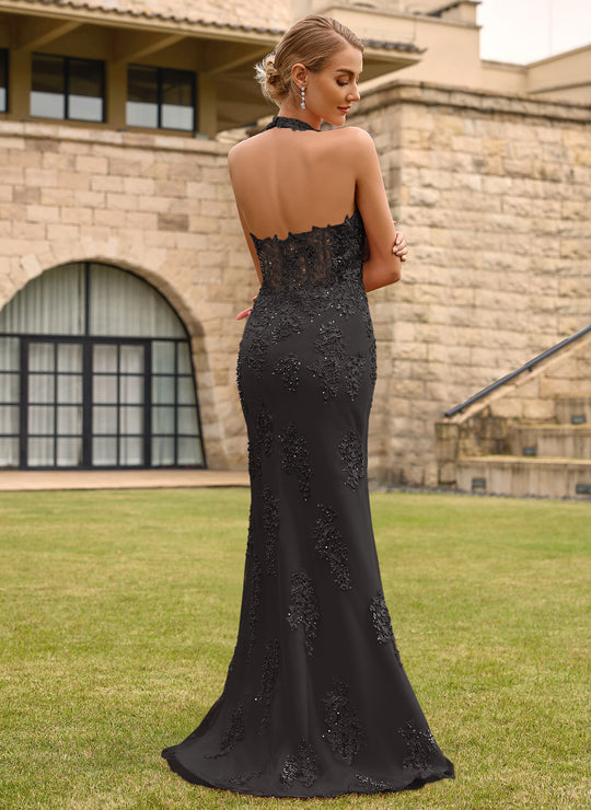 Open Back Halter V-Neck Lace Corset Mermaid Maxi Dress With Beading Slit