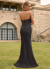 Open Back Halter V-Neck Lace Corset Mermaid Maxi Dress With Beading Slit