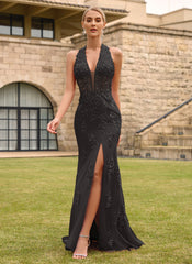 Open Back Halter V-Neck Lace Corset Mermaid Maxi Dress With Beading Slit