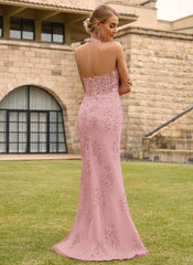 Open Back Halter V-Neck Lace Corset Mermaid Maxi Dress With Beading Slit