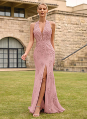 Open Back Halter V-Neck Lace Corset Mermaid Maxi Dress With Beading Slit