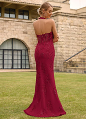 Open Back Halter V-Neck Lace Corset Mermaid Maxi Dress With Beading Slit