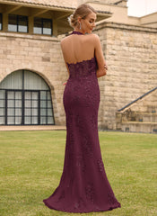 Open Back Halter V-Neck Lace Corset Mermaid Maxi Dress With Beading Slit