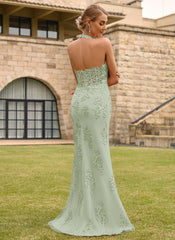 Open Back Halter V-Neck Lace Corset Mermaid Maxi Dress With Beading Slit