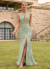 Open Back Halter V-Neck Lace Corset Mermaid Maxi Dress With Beading Slit