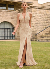 Open Back Halter V-Neck Lace Corset Mermaid Maxi Dress With Beading Slit