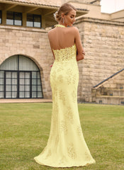 Open Back Halter V-Neck Lace Corset Mermaid Maxi Dress With Beading Slit