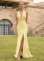 Open Back Halter V-Neck Lace Corset Mermaid Maxi Dress With Beading Slit