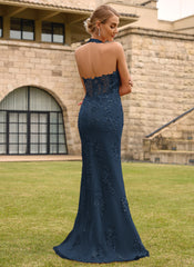 Open Back Halter V-Neck Lace Corset Mermaid Maxi Dress With Beading Slit