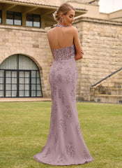 Open Back Halter V-Neck Lace Corset Mermaid Maxi Dress With Beading Slit