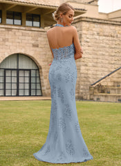 Open Back Halter V-Neck Lace Corset Mermaid Maxi Dress With Beading Slit