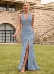 Open Back Halter V-Neck Lace Corset Mermaid Maxi Dress With Beading Slit