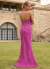 Open Back Halter V-Neck Lace Corset Mermaid Maxi Dress With Beading Slit