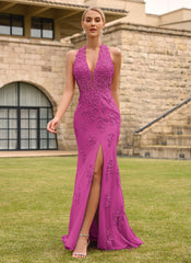 Open Back Halter V-Neck Lace Corset Mermaid Maxi Dress With Beading Slit