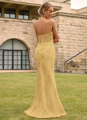 Open Back Halter V-Neck Lace Corset Mermaid Maxi Dress With Beading Slit