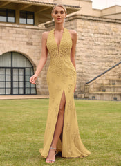 Open Back Halter V-Neck Lace Corset Mermaid Maxi Dress With Beading Slit