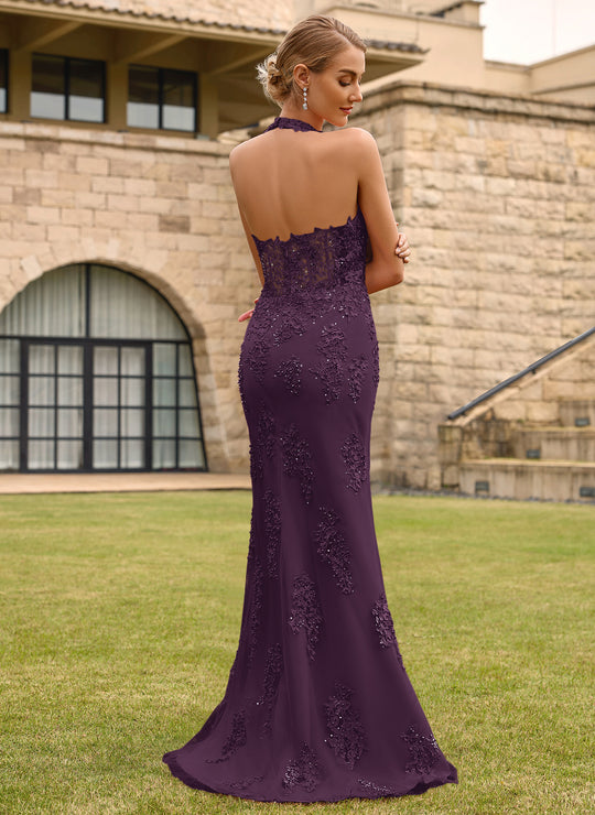 Open Back Halter V-Neck Lace Corset Mermaid Maxi Dress With Beading Slit