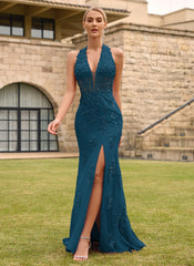 Open Back Halter V-Neck Lace Corset Mermaid Maxi Dress With Beading Slit