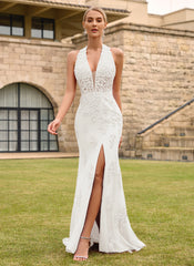 Open Back Halter V-Neck Lace Corset Mermaid Maxi Dress With Beading Slit
