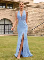 Open Back Halter V-Neck Lace Corset Mermaid Maxi Dress With Beading Slit