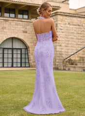 Open Back Halter V-Neck Lace Corset Mermaid Maxi Dress With Beading Slit