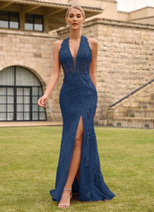 Open Back Halter V-Neck Lace Corset Mermaid Maxi Dress With Beading Slit