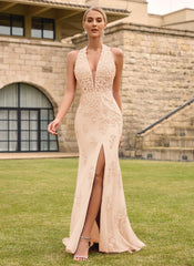 Open Back Halter V-Neck Lace Corset Mermaid Maxi Dress With Beading Slit