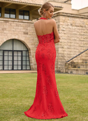 Open Back Halter V-Neck Lace Corset Mermaid Maxi Dress With Beading Slit