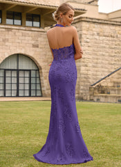 Open Back Halter V-Neck Lace Corset Mermaid Maxi Dress With Beading Slit