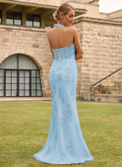 Open Back Halter V-Neck Lace Corset Mermaid Maxi Dress With Beading Slit