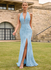Open Back Halter V-Neck Lace Corset Mermaid Maxi Dress With Beading Slit